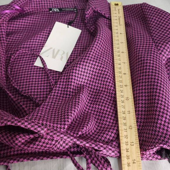 Zara Houndstooth Deep V-neck Long Sleeve Collared Crop Top Size Medium Pink and - Picture 4 of 11